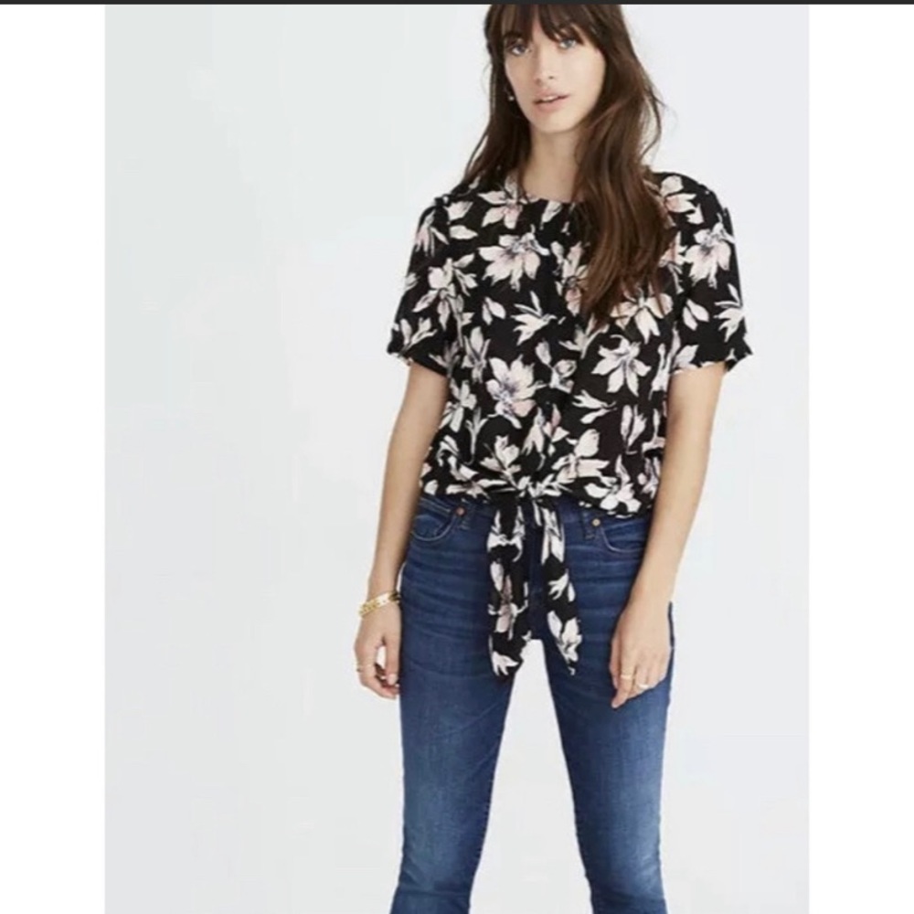 Madewell Silk Blouse Orchids Tie Front XL